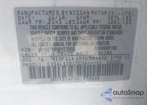 2019 Nissan Sentra Sv z USA, uszkodzony, nr VIN 3N1AB7AP0KY275656